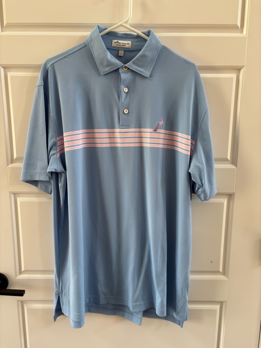 Peter Millar Summer Comfort Polo  Blue Pink Stripe Size Large Performance Golf